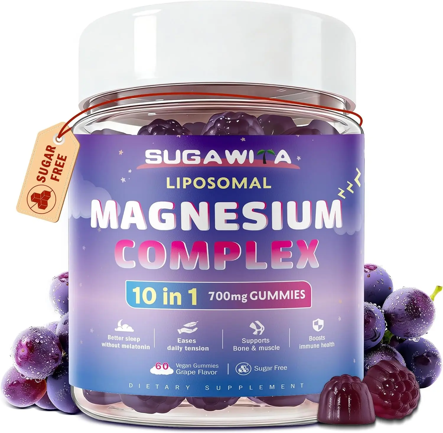 SUGAWITA Magnesium Complex for Women, 10 in1 Magnesium Glycinate, Malate, & Citrate, Magnesium Gummies 700mg with Ashwagandha & L-Theanine, Vegan, es 700mg with Ashwagandha & L-Theanine, Vegan, 30 servings