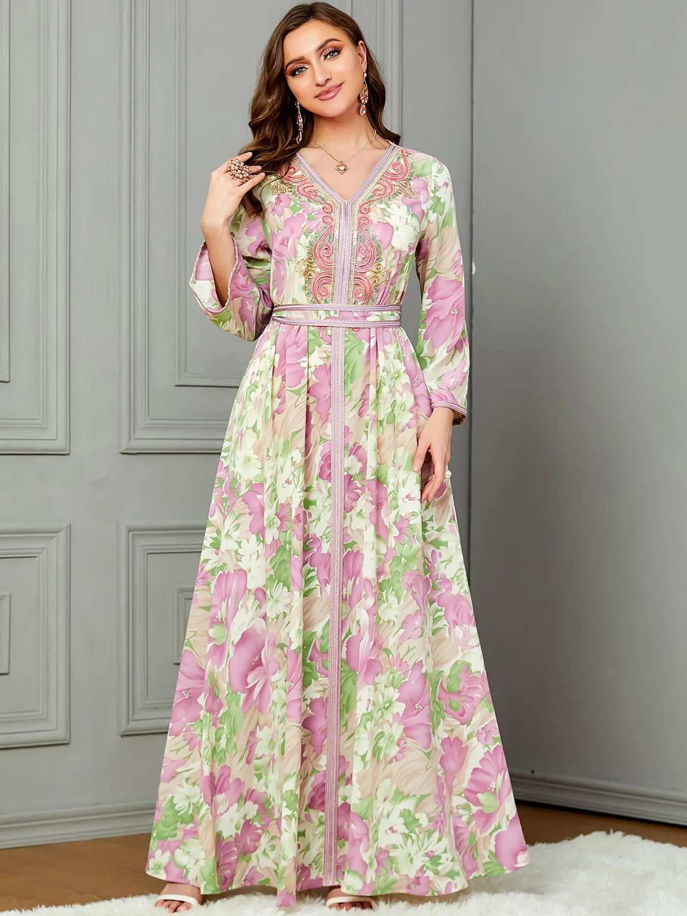 Arabic Clothing-Floral Print Belted V Neck A Line Dress, Elegant Long Sleeve Maxi Dress for Spring & Fall, Women's Islamic Clothing for Daily Wear