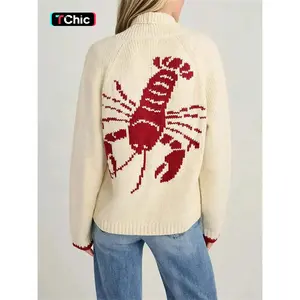 Women's Lobster Pattern Button Front Longsleeves Sweater Cardigan, Lady Casual Long Sleeve Jumper for Fall & Winter, Women's Knitwear for Daily Wear, Womenswear, Knitted Clothes