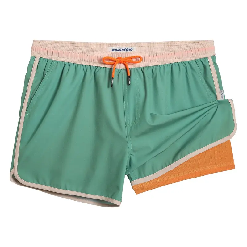 Maamgic Swim Shorts 4.5 Inseam Green with Orange Waistband 2 Side Pockets 1 Back Pocket Soft Stretch Mesh Liner Premium Velcro Swimming Beach Activewear - Swimtrunks Swimtrunks Swimtrunks