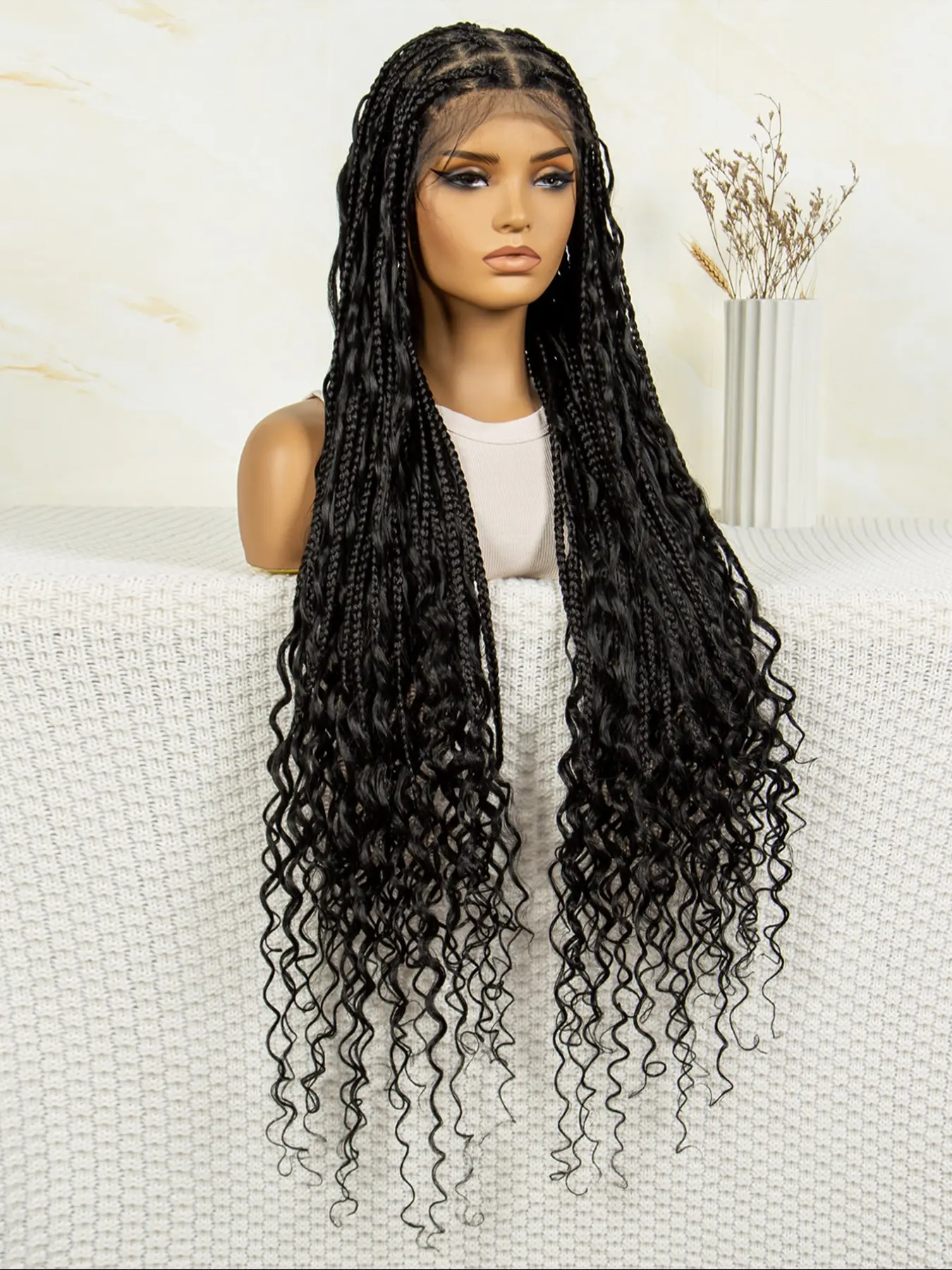 38 Inch Curly End Bohemian Braided Wig, 200% Density Wavy  display picture 1