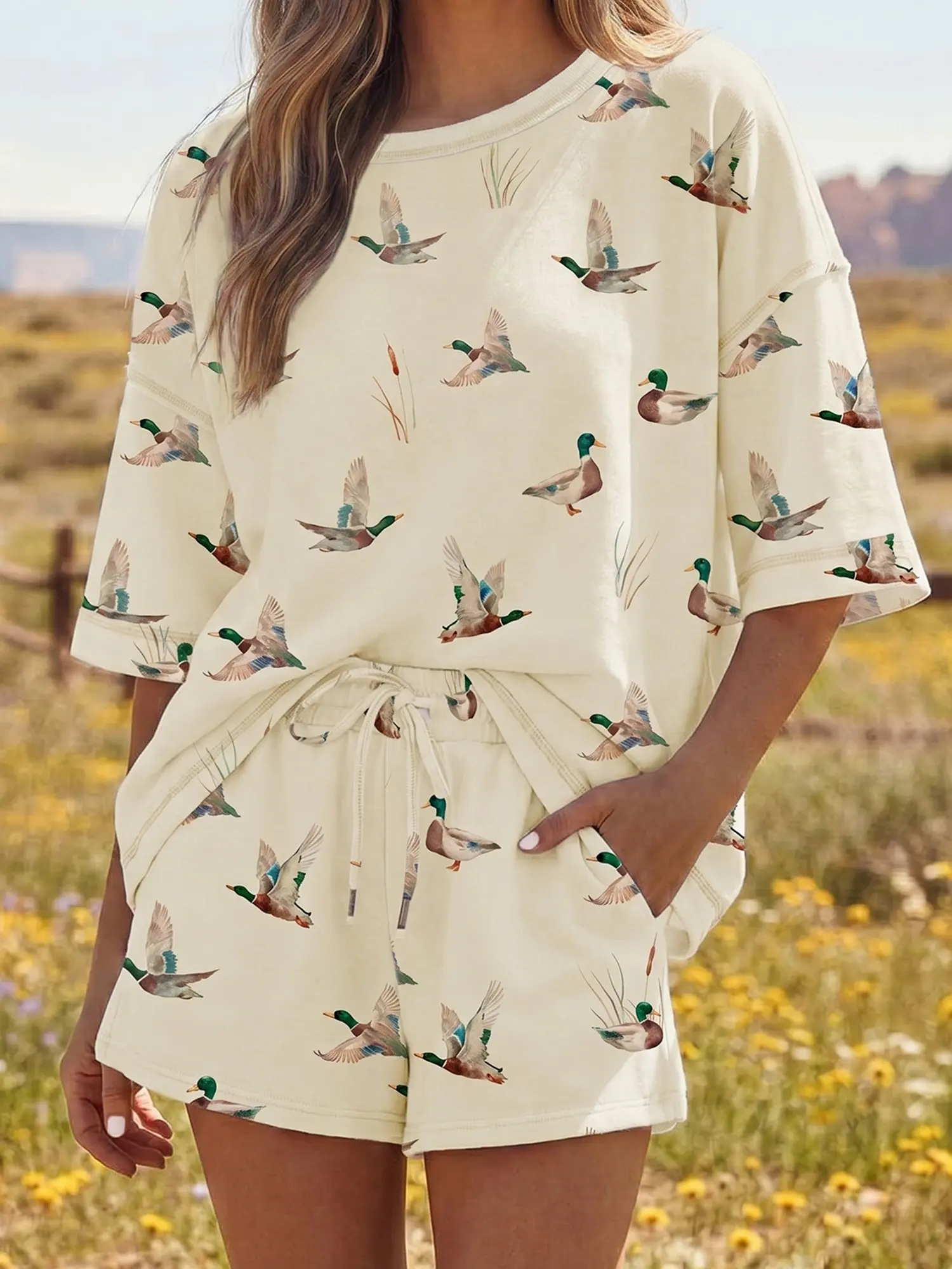 Mallard Duck Print Oversized Tee Drawstring Short Set, Soft Fabric Composition Makes This set ideal for Daily Summer Wear.