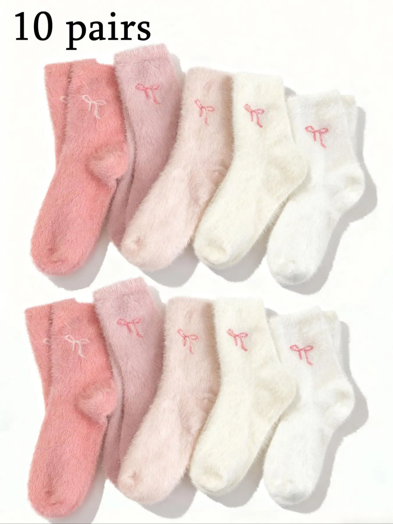5/10 Pairs Women's Bow Plush Mid-Calf Socks, Knitted Socks, Sweet Warm Comfort Soft Sleep Socks, Casual Daily Socks, Perfect for Fall Winter Daily Outdoors Home Travel