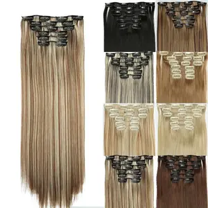 Summervibes Clip-in Synthetic Hair Extensions Long Straight 6PCS Thick Hairpieces, 150g Double Weft Extensions for Women, 24 Inch Black Natural Blend