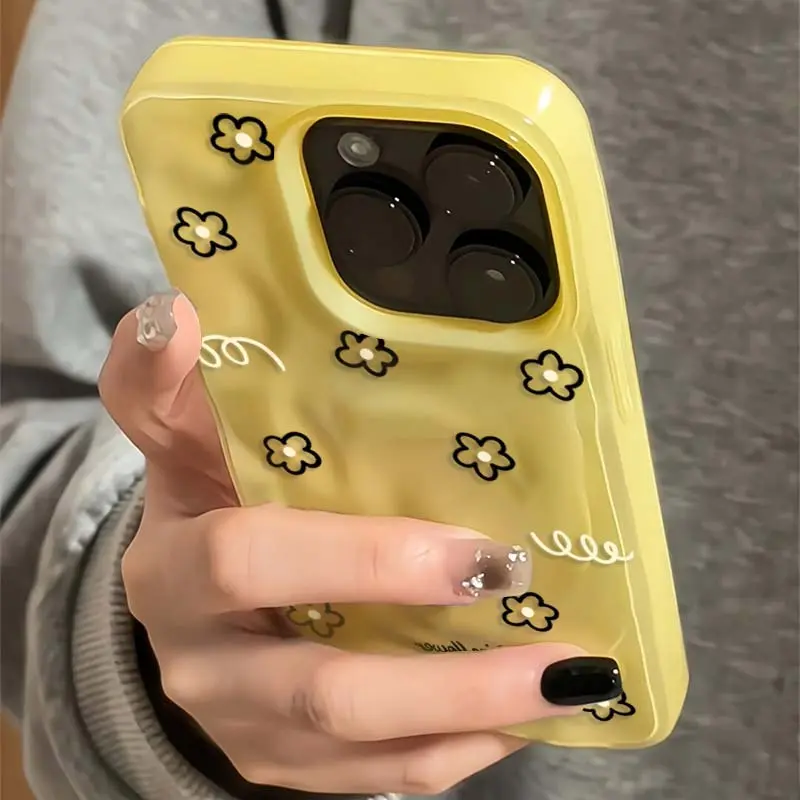 Phone Case - Adorable Black Line Floral Pattern Yellow Phone Case Compatible with for Iphone 17, 16, 15, 14 Plus, 13, 12, 11 Pro Max, And 17 Air, Featuring a Textured Kawaii Soft Cover