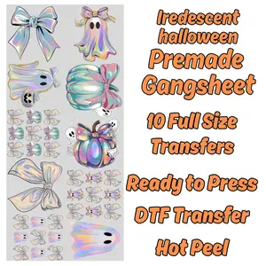 Iredescent Halloween Premade Gangsheet 10 Full Size Transfers Ready to Press DTF Transfer Hot Peel Iridescent