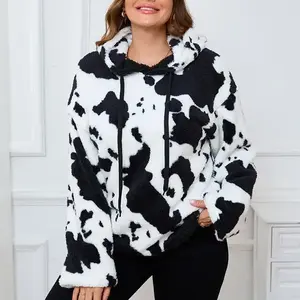 Women'sWinterPlushHoodedSweatshirtLongSleeveCowPrintLooseDrawstringHoodie,LadiesClothesforIndoorOutdoorWear,LadiesClothesforDailyWear