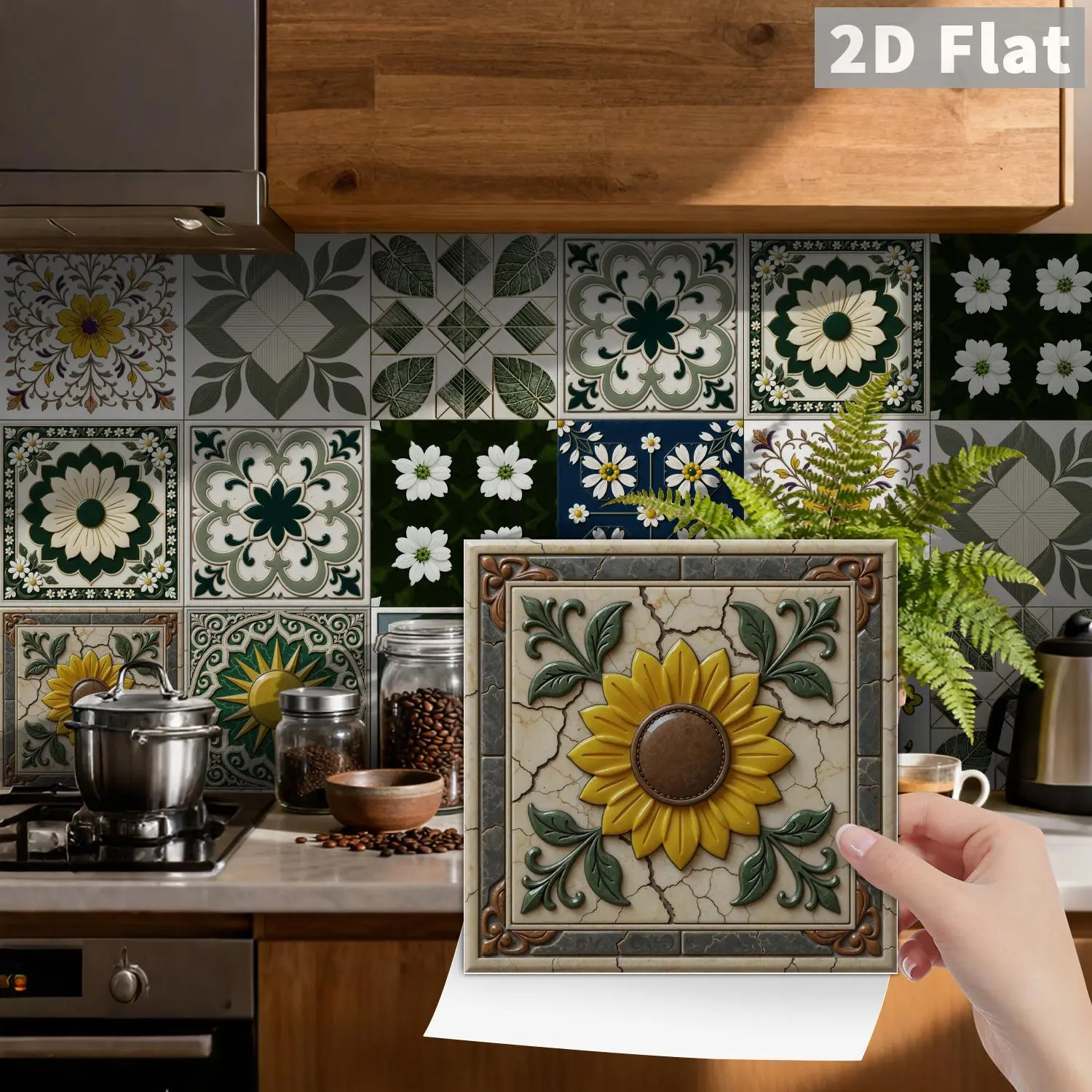 24PCS Pastoral Retro Art Decorative Floral Tile Stickers - Crystal Film Multi-Thickness Self-Adhesive Removable Water Proof Kitchen Backsplash Decals Interior Stickers Household Decoration Supplies