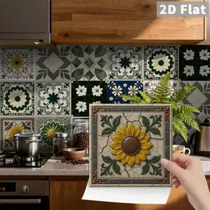 24PCS Pastoral Retro Art Floral Tile Stickers - Crystal Film Multi-Thickness Self-Adhesive Kitchen Backsplash Decals