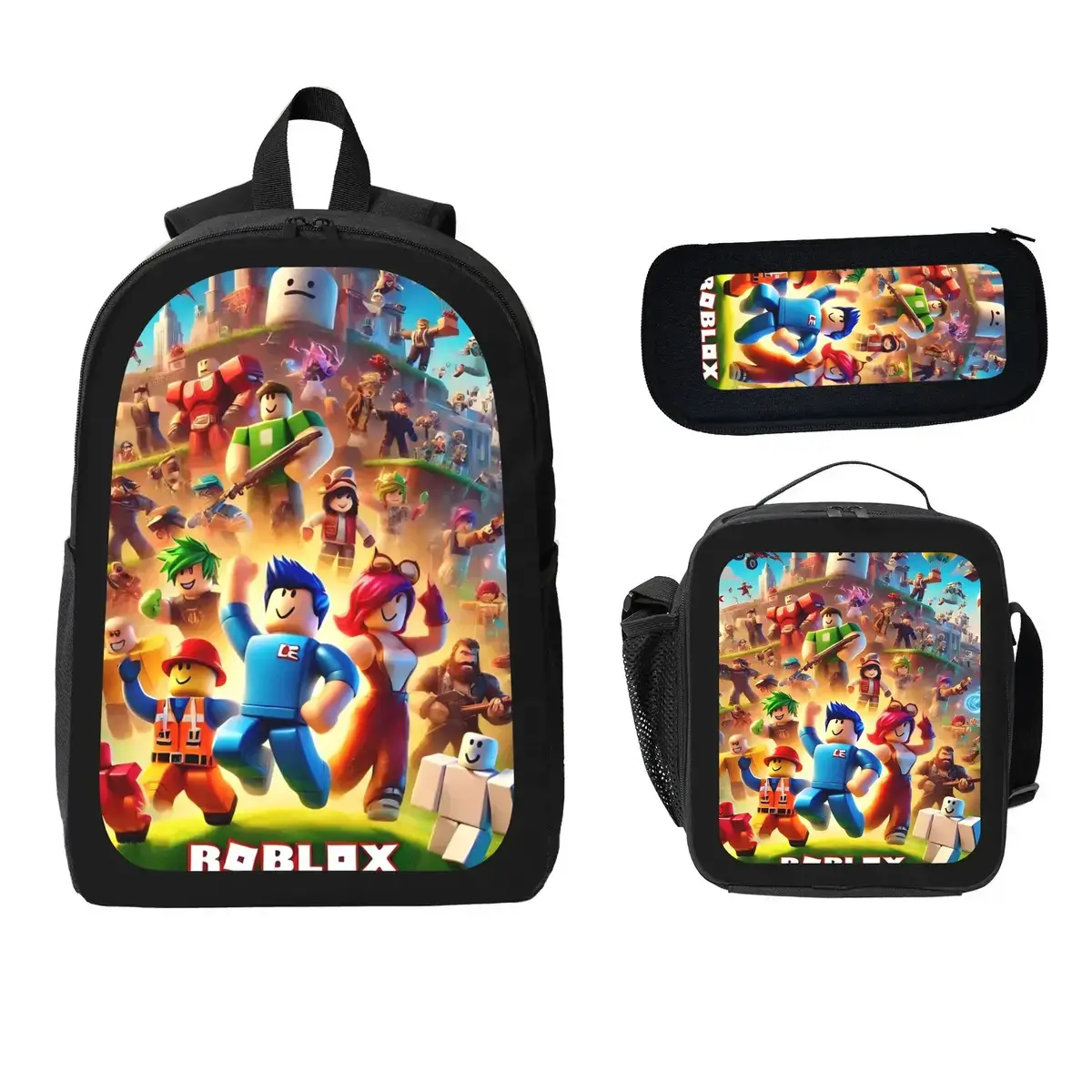 Roblox Gamer Printed 3-Piece Backpack Set for Boys Girls, Cute Video Game School Backpack with Lunch Box and Pencil Case, Lightweight Durable Bookbag Trendy School Bag for Kids Teens