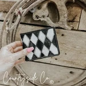 Men's Bifold Cowhide Genuine Leather Checkered Wallet with Diamond Accents, Multiple Card Slots