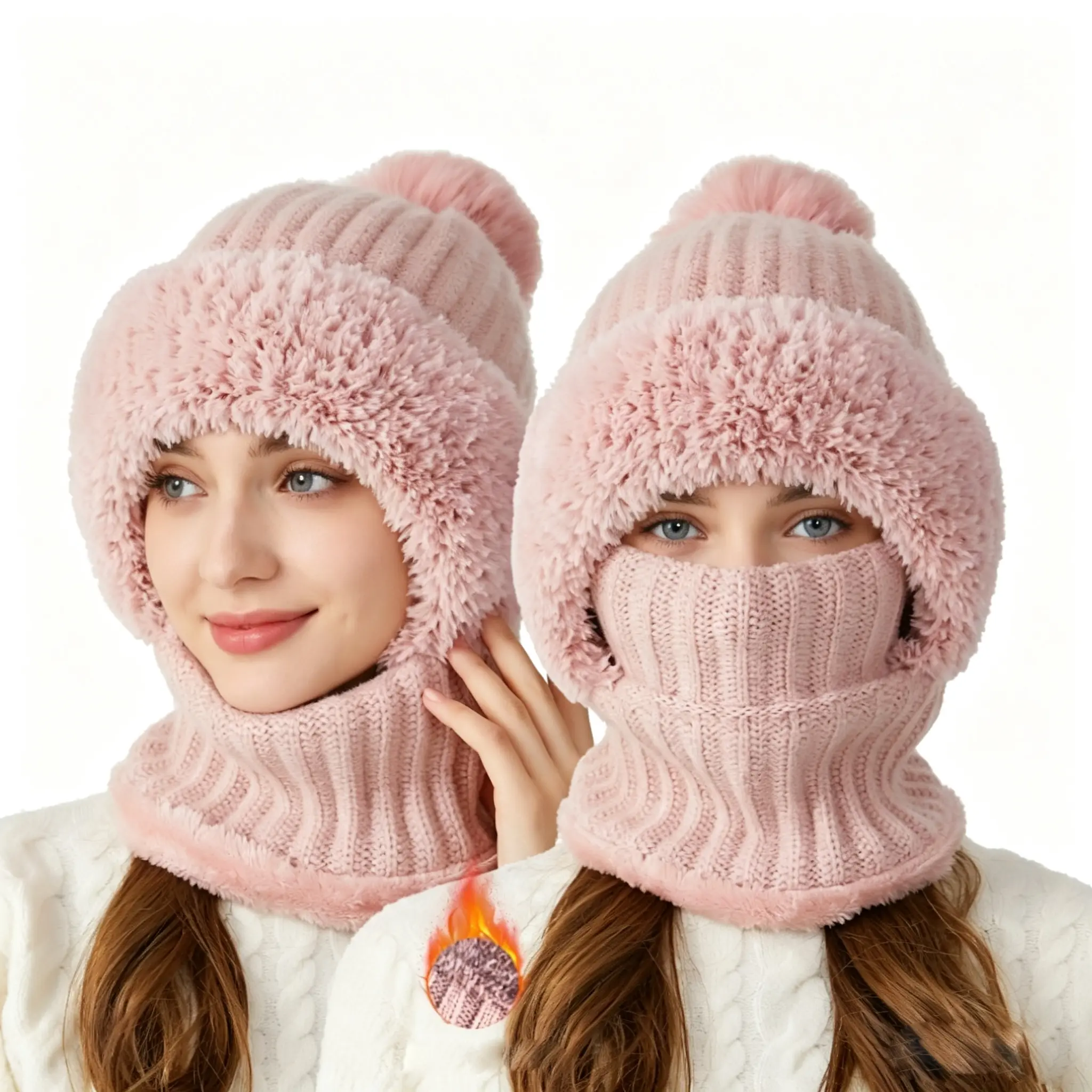 Womens Knit Beanie Hat Fleece Lined Winter Scarf Mask Set Snow Caps Plush Earmuff Skull Hats with Pompom