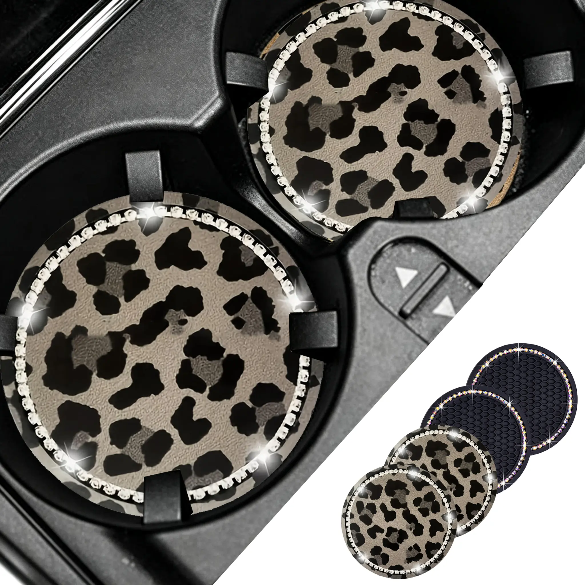 Women's 4PCS Car Cup Holder Coasters - No-Slip Silicone Bling Rhinestone Auto Mats, Leopard Print + 2 Black, Universal Fit Car Interior Stowing & Tidying Accessories