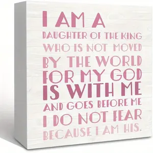 I Am a Daughter of King Pink Christian Wooden Box Sign Desk Decor, Bible Verse Desk Decor, Pink Christian Signs Decor for Nursery Girls Room Bedroom, Scripture Home Shelf Desk Decor 5x5 Inch