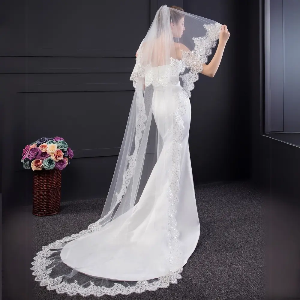 2 Tier Chapel Length Sequin Lace Handmade Wedding Bridal Veil with Comb for Brides Brides 93inches/235cm White or Ivory Option
