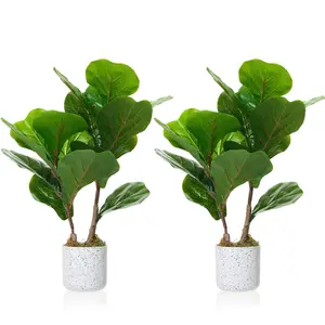 2 Set Fiddle Leaf Fig Fake Plants, 15.7" Faux Green Bonsai Tree with White Marble-Look Pot with Black Speckles, Cement Moss Base, Decorative Artificial Plants Indoor for Home & Office