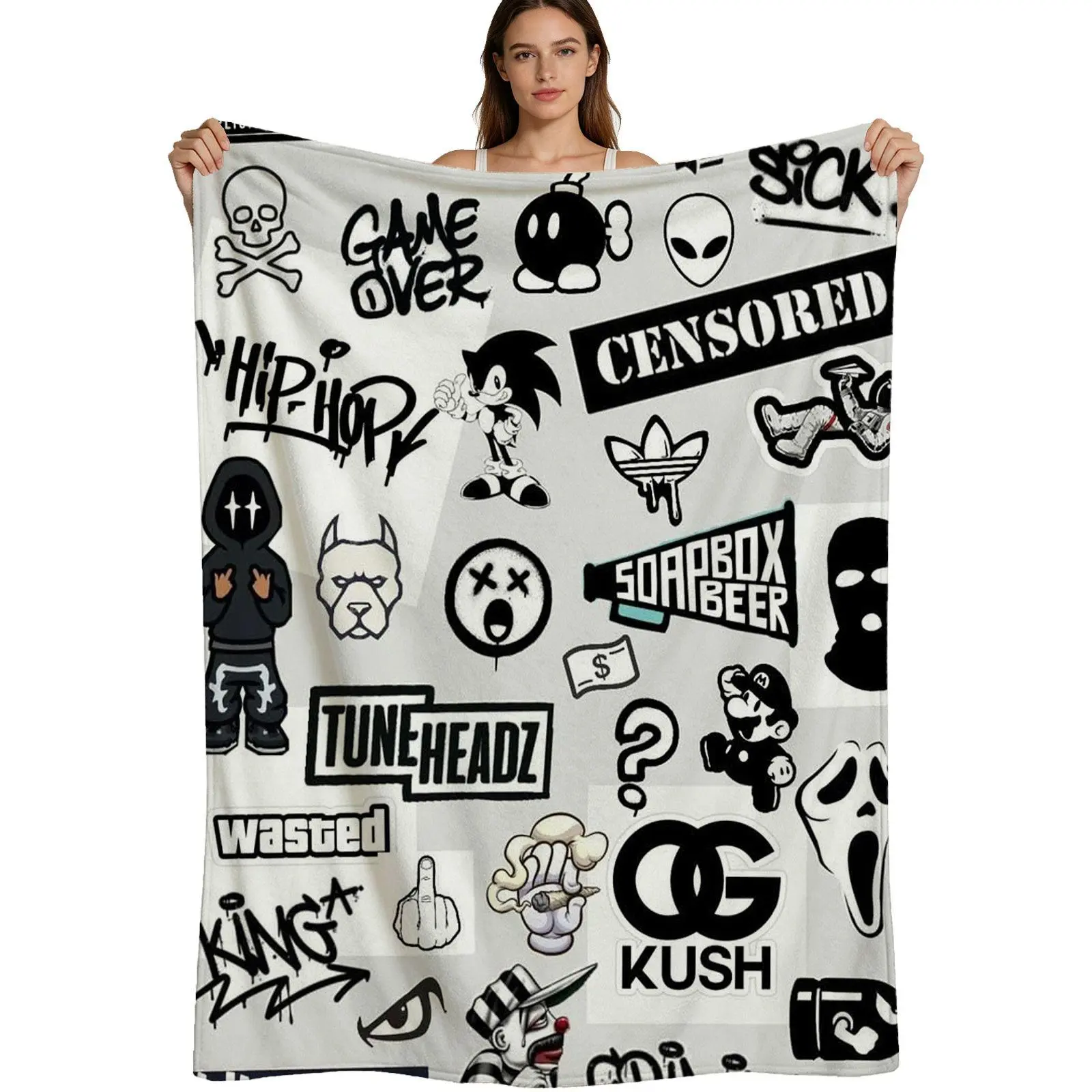 Streetwear Graffiti Sticker Style, Warm Flannel Blanket, Hip Hop Skull Sonic Mario Cartoon Print, Soft Fleece Fabric Digital Printing, For Teens Bedroom Sofa Travel, 4 Sizes Available Single Pack