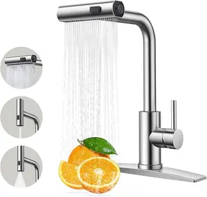 FORIOUS Waterfall Kitchen Faucet with Pull Down Sprayer Stainless Steel Kitchen Faucets with 3 Modes 90° Rotating to Switch Mode SUS304 Sink Faucet