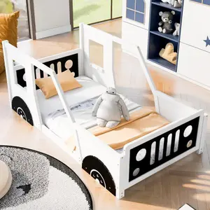 Twin Size Floor Bed Farme, Montessori Bed Frame with Fence and Door, Solid Wood Car-Shaped Twin Bed Frame, Slats Included, No Box Spring Needed