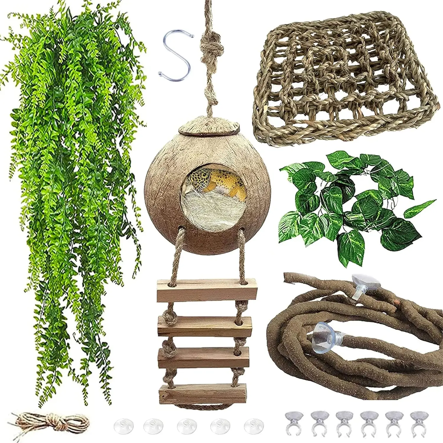 Lizard Coco Den with Ladder,Leopard Gecko Coconut Husk Hut Hideout  Reptile Hammock Climbing   Decor Habitat Tank Accessories for Bearded Dragon Snake Chameleon