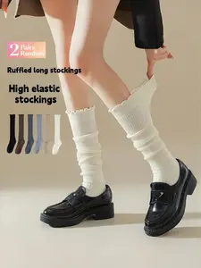 2 Pairs Random Pack Summer Autumn Women's Ruffle Anklet Socks, Breathable Solid Color Jk Socks, Anti-Odor Sweat-Absorb Long Socks