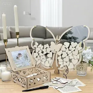 Wooden Butterfly Guest Book for Wedding, 50 Hearts and Butterflies with Marker Pen, Wedding Reception Decor, Anniversary Ceremony Sign, Unique Guest Book Alternative, Rustic Wedding Decoration Gifts straw lid