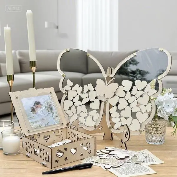 Rustic Wooden Butterfly Guest Book with 50 Wooden Hearts, Butterflies, Marker Pen, Straw Lid & Stand - Customizable Unisex Memory Capture Gift for Funeral, Baby Shower, Anniversary Decor