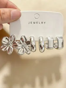 Women's Silver Color Earring Set, 6-18pcs Floral Geometric Textured Design, Perfect for Daily Commute Party Wear, Stylish Jewelry Collection, Trendy Jewelry, Fashion Earrings