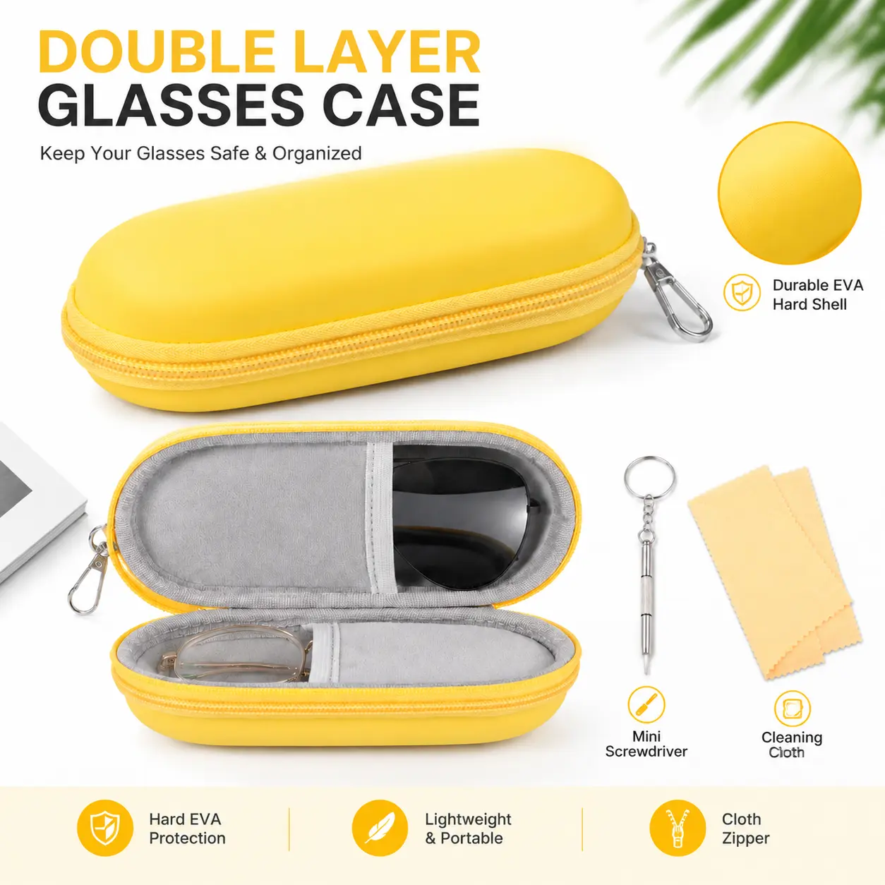 Unisex Plain Minimalist Dual Compartment Double Glasses Case - Portable Eyewear Organizer, 2-Pair Eye Glasses Holders, Clip, Zipper Secure Lock, High-Rebound EVA Scratch-Proof Lens Protection for Travel, School