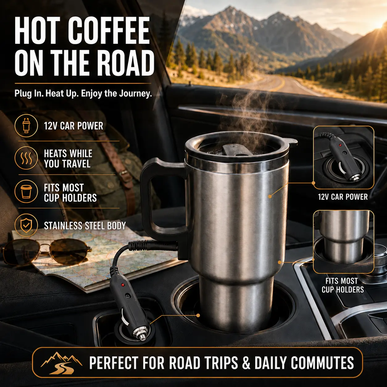12V Portable Car Electric Kettle 450ML, Stainless Steel Heated Travel Mug with Cigarette Lighter Plug, Coffee & Tea Water Boiler for Cars, Trucks & RVs