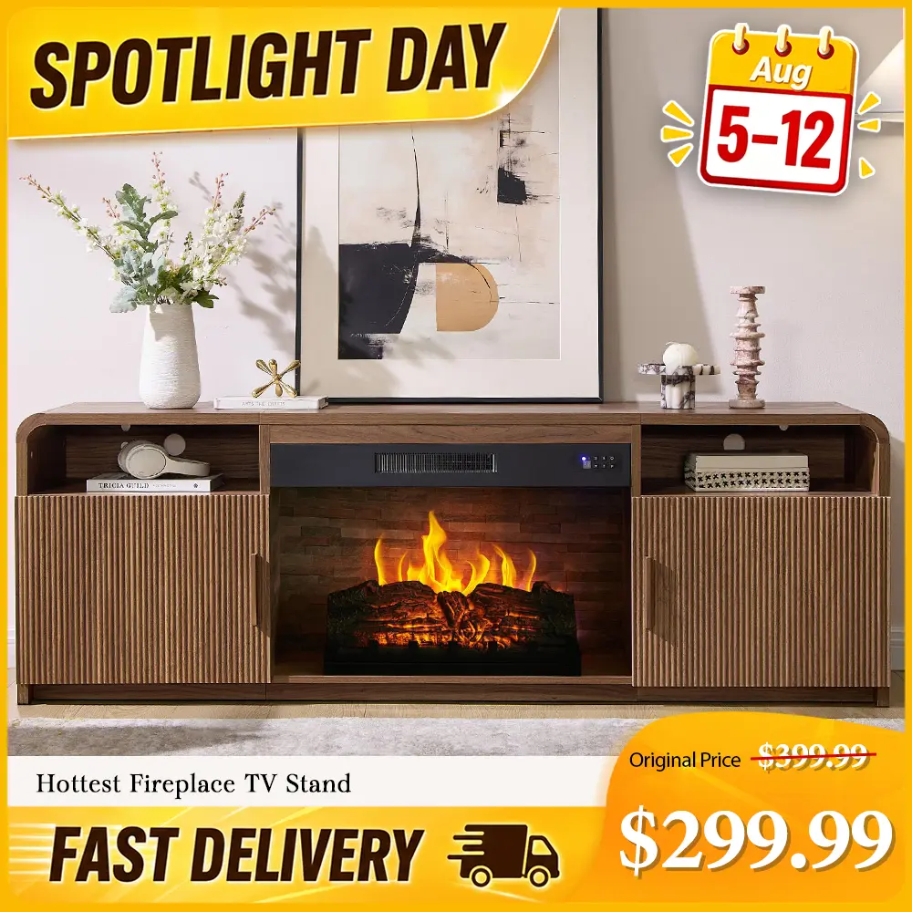 【Spotlight Day】AMERLIFE 70" Fluted Fireplace TV Stand for TVs Up to 80", Modern TV Console with 30" Electric Fireplace & Storage Cabinets, Media Entertainment Center for Living Room #homemakeover