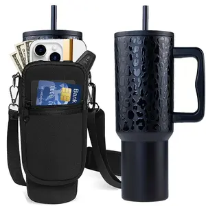 40oz 304 Stainless Steel Leopard Print Vacuum Car Cup with Handle 8+ Hours Heat Preservation Protective Sleeve Phone Wallet Pockets for Outdoor Hiking Drinkware Flasks Insulated Straw Travel Containers Reusable Vessel Bottled Tumbler Mug