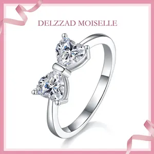 Delzzad 1.6ct Classic Heart Cut Ring Angelic Bow Ring D Color VVS Synthetic Moissanite Ring Jewelry S925 Perfect Birthday Engagement Wedding Anniversary Christmas Valentine's Day Gift