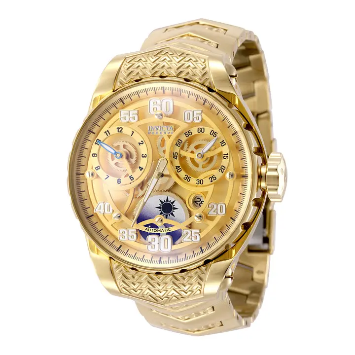 Invicta Reserve Grand Dome Automatic Men's Luxury Look Watch - 49mm Gold Tone Stainless Steel, Skeleton Gears Dial, Sun Moon Display, 24 Jewel Mechanical Self-Winding Movement, Domed Crystal, Exhibition Caseback, Chevron Carve Bracelet, Deployment Clasp