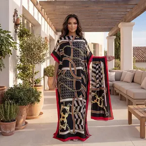 Women's Boho Floral Print Maxi Dress with Matching Scarf - Loose Flowy Beach Cover-Up & Vacation Outfit，2-Piece Floral Dress & Scarf Set - Bohemian Kaftan, Soft & Comfortable for All Seasons, Beachwear & Daily Wear