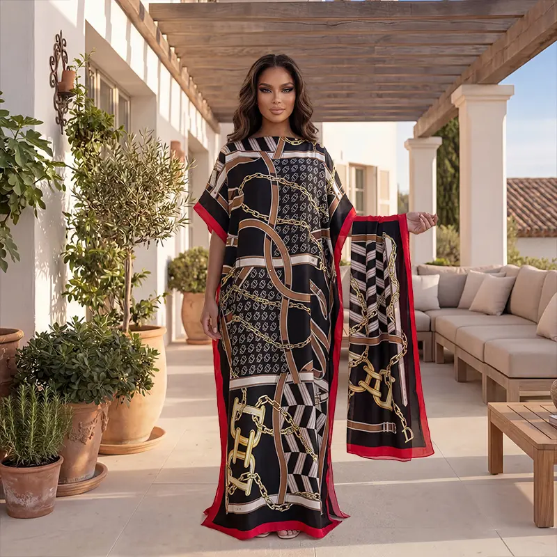 Women's Boho Floral Print Maxi Dress with Matching Scarf - Loose Flowy Beach Cover-Up & Vacation Outfit，2-Piece Floral Dress & Scarf Set - Bohemian Kaftan, Soft & Comfortable for All Seasons, Beachwear & Daily Wear