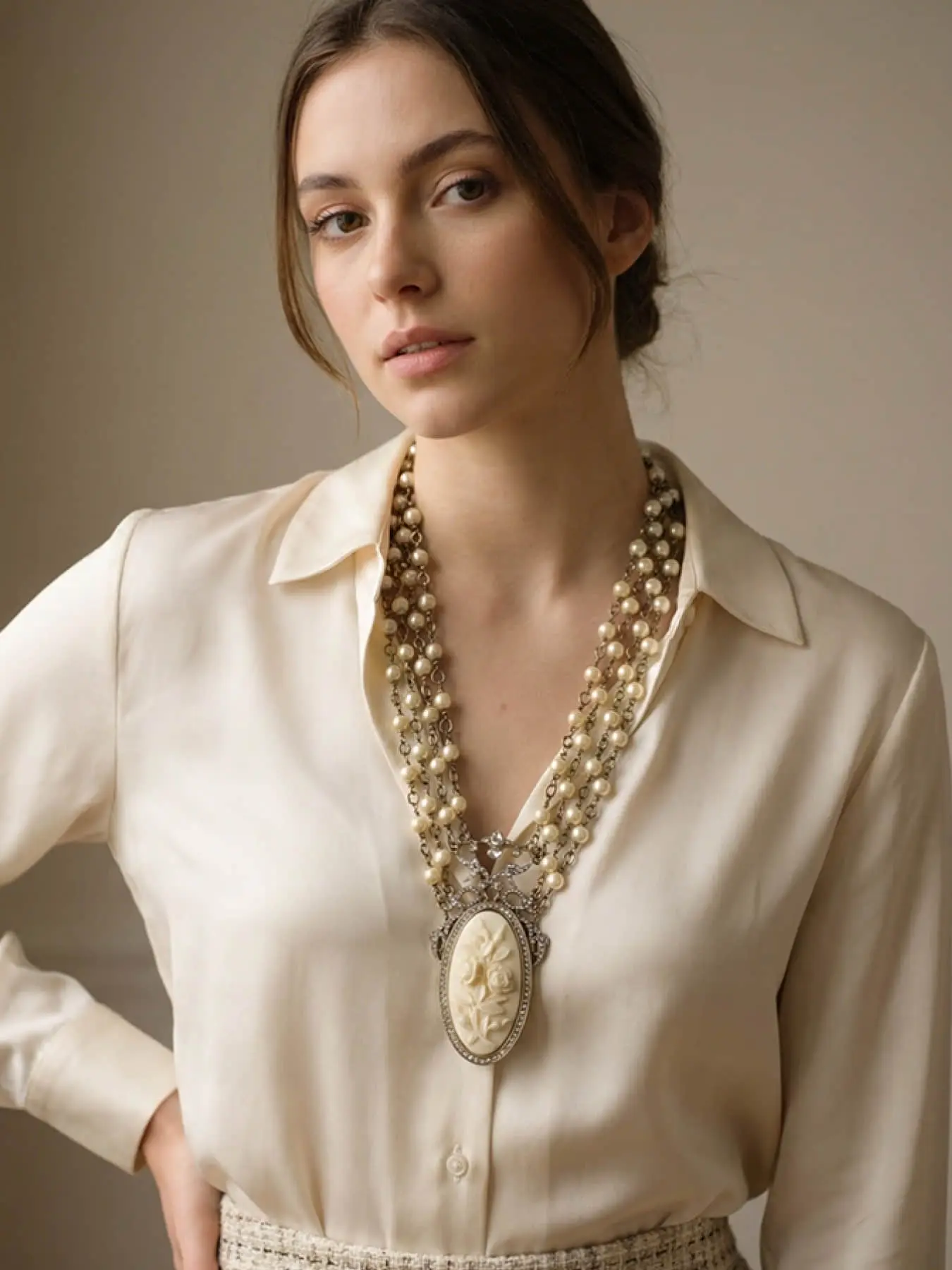 The European classical Cameo embossed pearl necklace features multiple layers of pearls and antique gold chains that outline an elegant curve. It is suitable for daily commuting, dinners, and dates, and is also an exquisite gift to convey one's feelings.