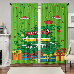 2 pieces, high definition digital Christmas tree under the happy world pattern printing curtains, filter curtains, suitable for bedroom, living room, office home decoration, rod pocket design, room decoration, Christmas decoration, Window Curtain
