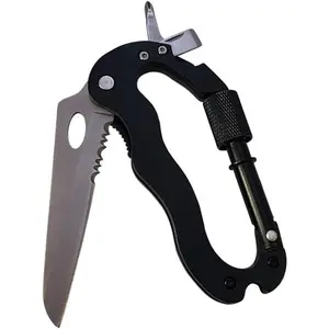 Stainless Steel EDC 5 in 1 Aluminum Climbing Carabiner Hook Gear Multi-functional Tool Buckle Rock Lock Keychain with Knife+Screwdriver+Bottle Opener for Mountain Climbin