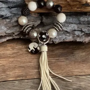 Ying Yang Kitty Keychain with Black White Pearls and Cream Tassel Charm