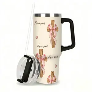 40oz Christian Faith Insulated Mug with Handle and Straw Lid, He Is Good Cross Print, Double Wall Vacuum Thermal Mug for Hot and Cold Drinks, Large Capacity Car Travel Mug, Coffee Thermal Cup, Ideal Gift for Believers