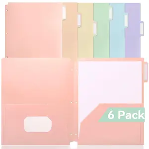 Plastic Folders with Pockets 3 Hole Punched, 6 Pack Pastel Pocket Folders for 3 Ring Binder, Unique 1/3 Cut Tabs with Colorful Labels, School Folders, Letter Size