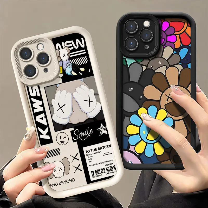 (springtok) Casing For iPhone 15 16 PRO MAX PLUS K-A-W-S Helianthus annuus Soft Silicone TPU Black White Red Gift Shockproof Protection Anti-Drop Protective Protector Aesthetic Phone Cases Shell Cover 1088