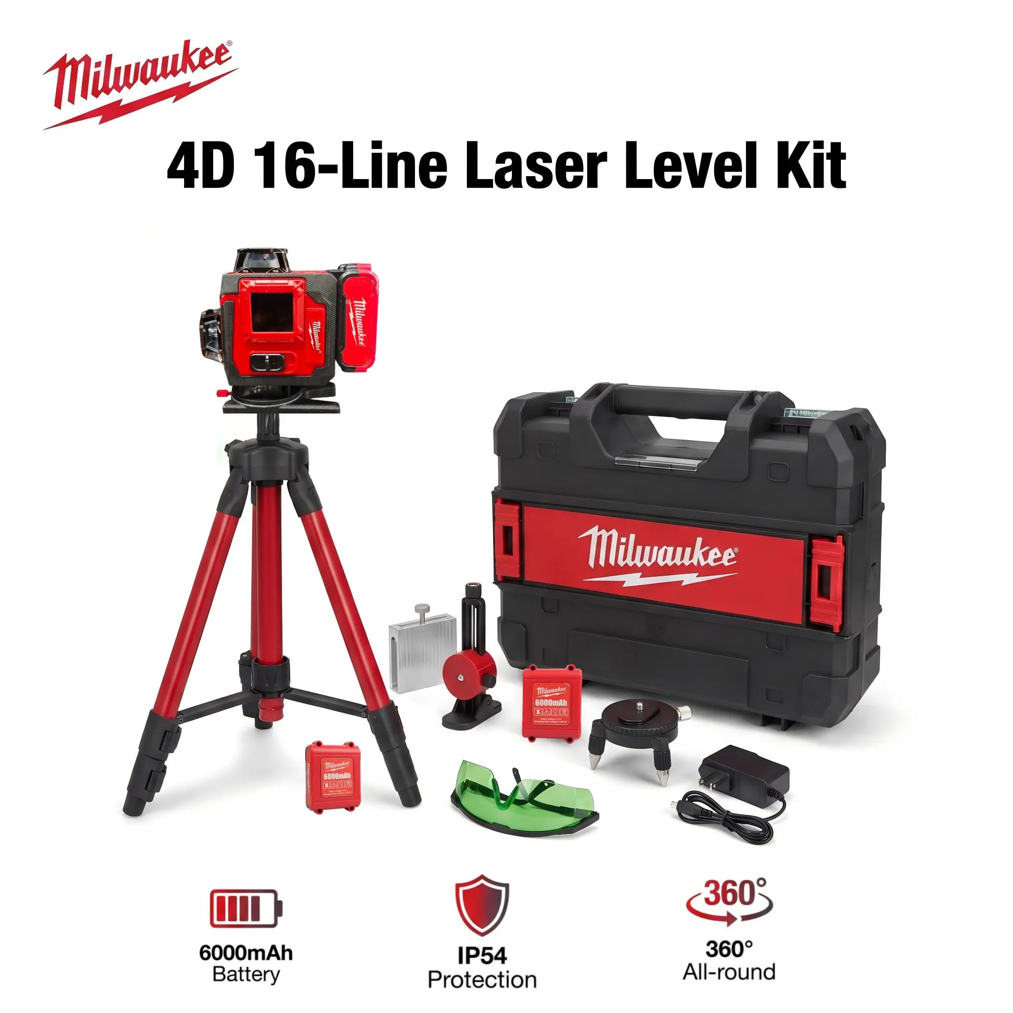 Milwaukee 4D 16-Line Green Laser Level Kit - Gravity Auto-Leveling System with Audible-Visual Alarm, Includes Tripod, Wall Bracket, Remote Control, Ideal for Tile Installation, Building Layout job construction tool high-quality
