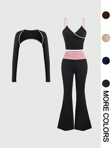 women's colorblock contrast binding crop long sleeve top & cami vest & flared leg pants set, sporty casual three-piece outfits for yoga gym workout, ladies spring & fall clothes, going out sets, tracksuit set, exercise activewear