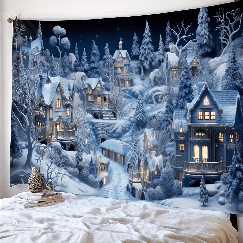 3D Christmas Town Polyester Tapestry Wall Mural - Winter Wonderland Backdrop, Holiday Party Decoration Wall Hanging for Living Room, Bedroom, New Year Decor,summerwins