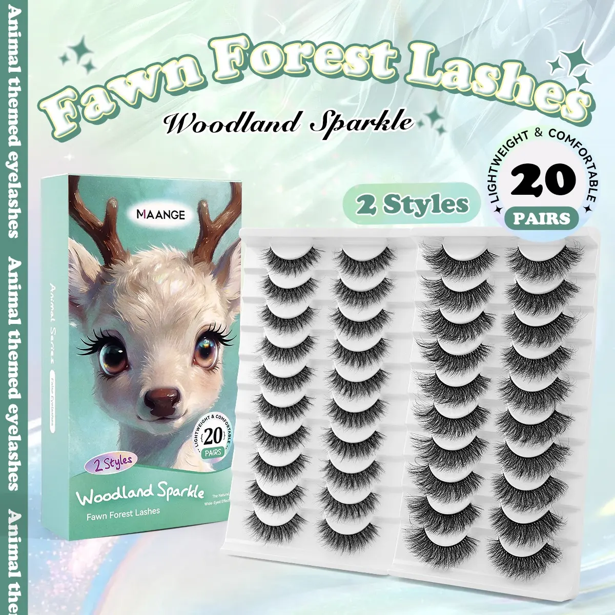 MAANGE 20 Pairs Fawn Forest False Lashes, C Curl Natural Wide-Eyed Style, Lightweight & Comfortable, 2 Styles Mixed, Soft Lashes for Innocent Fresh Makeup, Reusable Faux Mink Lashes, Fake Lashes Eyelashes