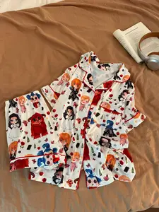 Women's Two-Piece Sleepwear Loungewear Pajama Set, Short Sleeve Button-Up Top & Loose Shorts, Cartoon Character Print, Night Wear & Casual Use