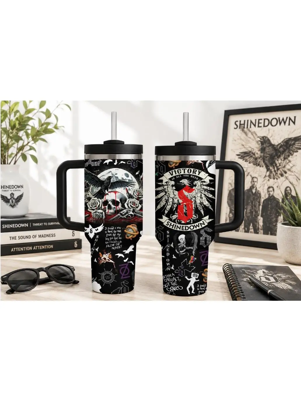 Shinedown 40 Oz Tumbler with Handle and Straw, Insulated Stainless Steel Travel Mug, Rock Band Fan Gift Cup