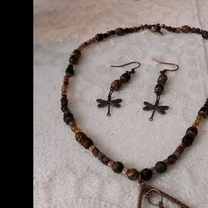 Flying Dragonflies with Copper and Petrified Beads Handcrafted Necklace for Unique Style